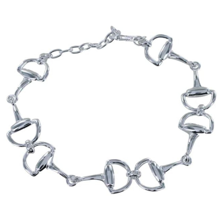 Silver bridle bit bracelet on a white background